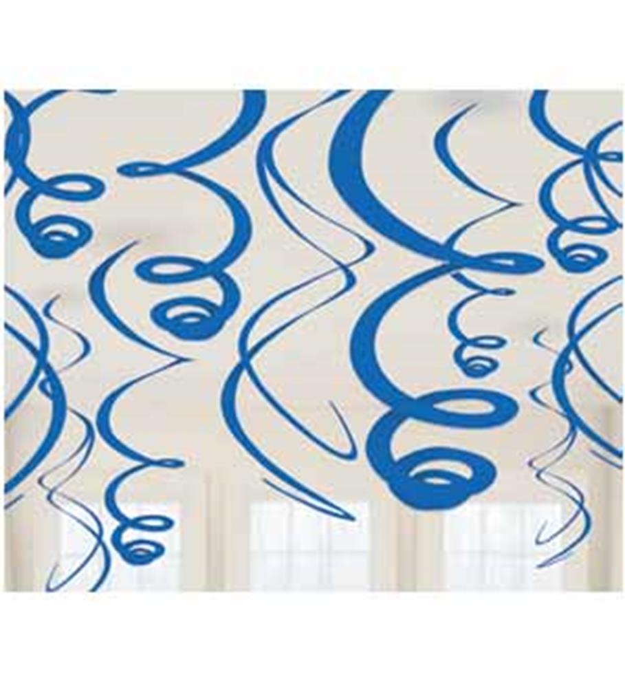 Bright royal blue plastic swirl decorations hanging against a window background, 12 pieces.