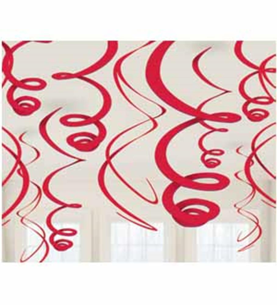 Twelve red spiral swirl decorations hanging against a white background, made of lightweight material for party decor.