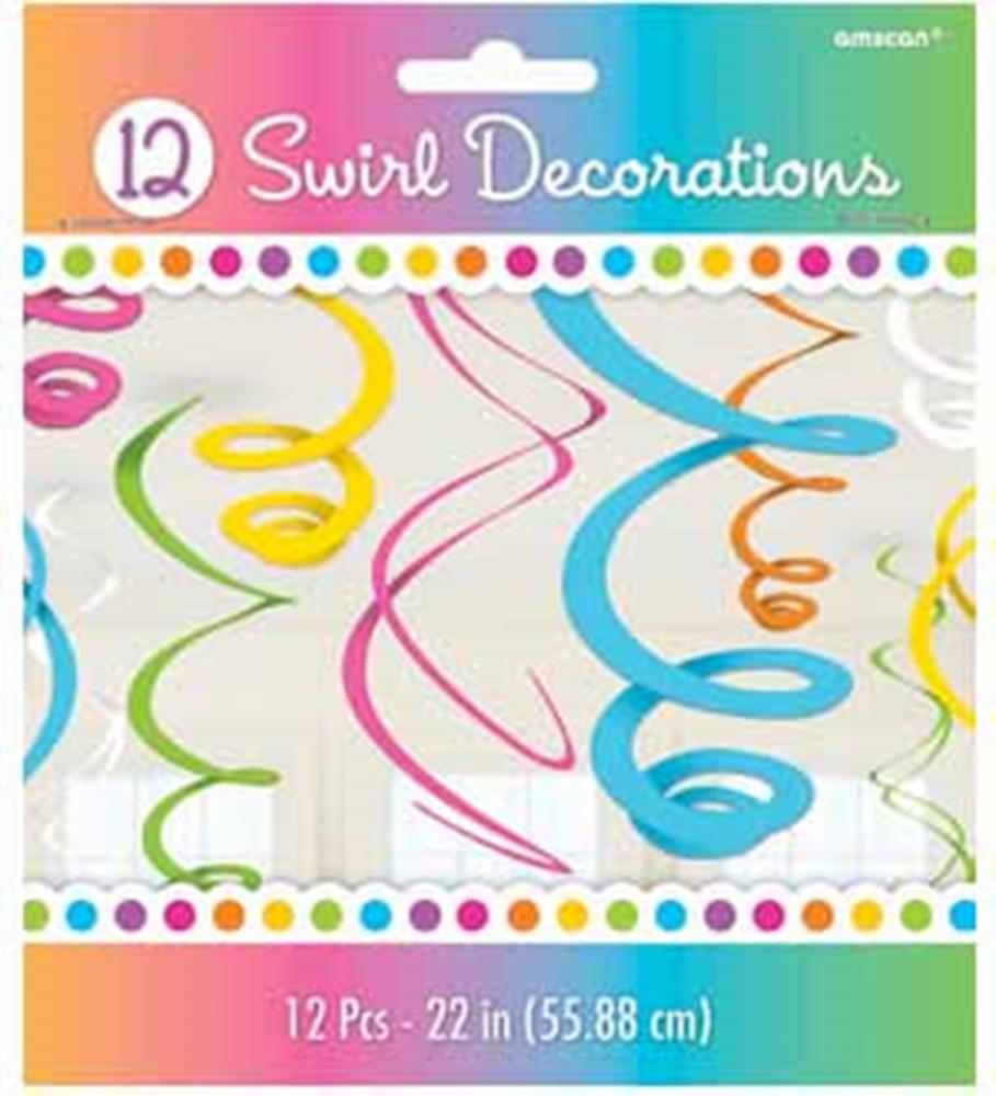 Colorful swirl hanging decorations in yellow, green, pink, and blue, 22 inches long, 12 pieces.