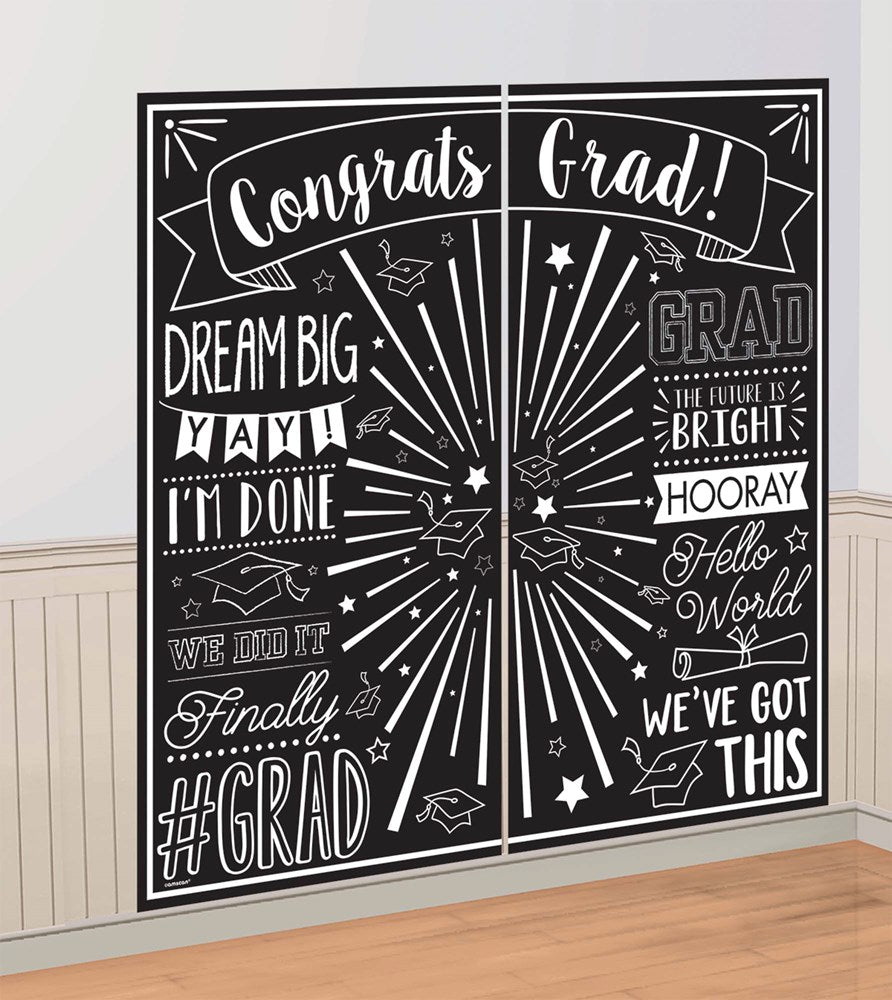 Black and white graduation-themed wall set with phrases like "Congrats Grad!", "Dream Big," and "Finally #Grad," featuring.