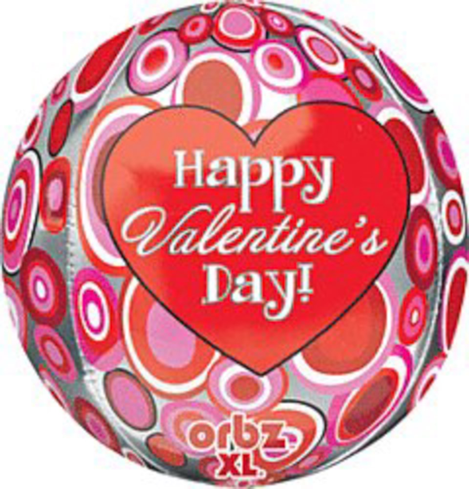 16-inch round balloon with red and pink concentric circles and a central red heart reading "Happy Valentine's Day!".