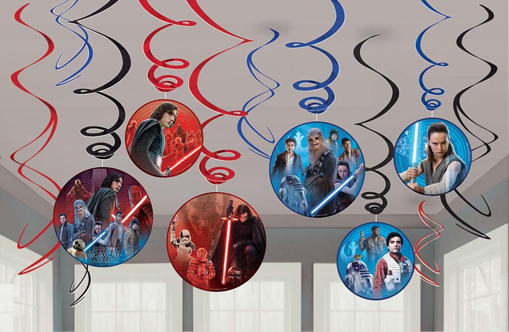 Star Wars Episode 8 swirl decorations with red, black, and blue spirals, featuring character cutouts in circular prints.