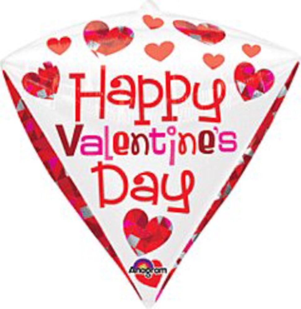 Diamond-shaped foil balloon with red and pink hearts and "Happy Valentine's Day" in red and purple lettering.