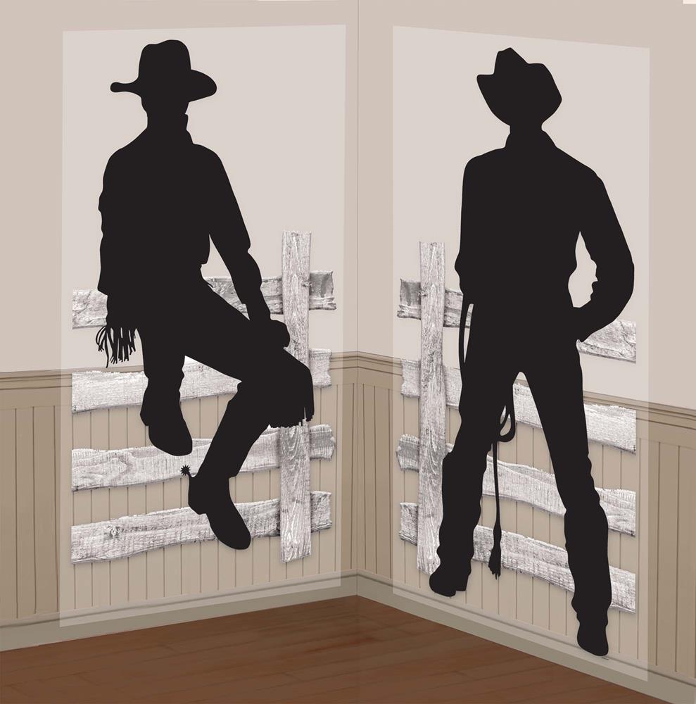 Two black cowboy silhouette wall decals with hats, bandanas, and boots on beige walls with wooden fence accents.