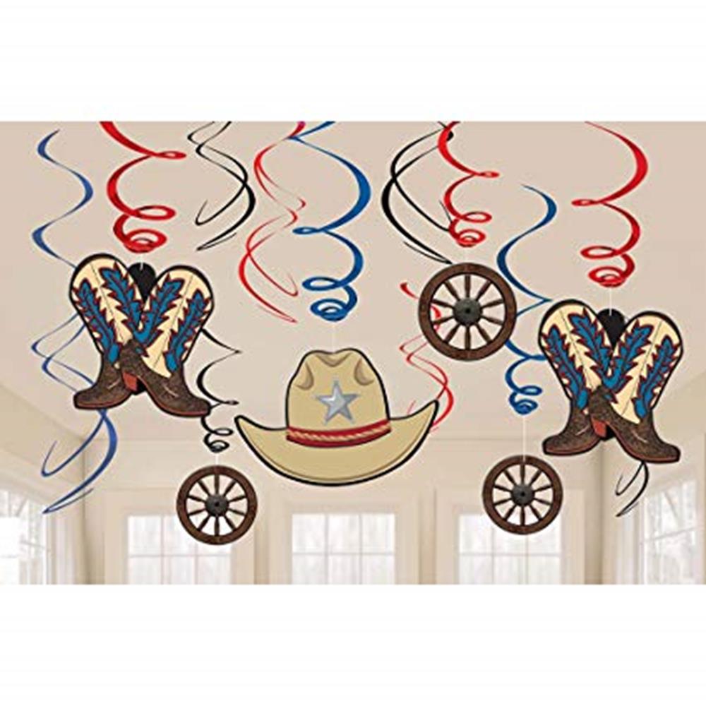 Twelve hanging Western-themed swirls in red, white, and blue with cowboy boots, cowboy hats, and wagon wheels.