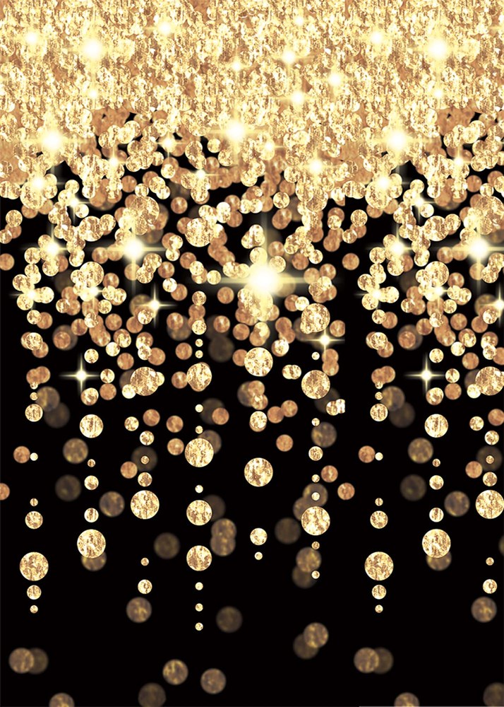 Black backdrop with cascading gold glitter dots creating a sparkling, festive scene.