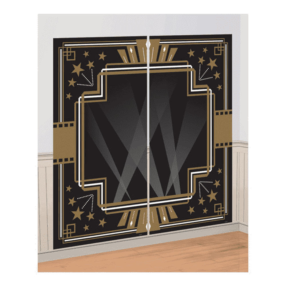 Black and gold photo booth backdrop with geometric patterns and star accents, two-panel design.