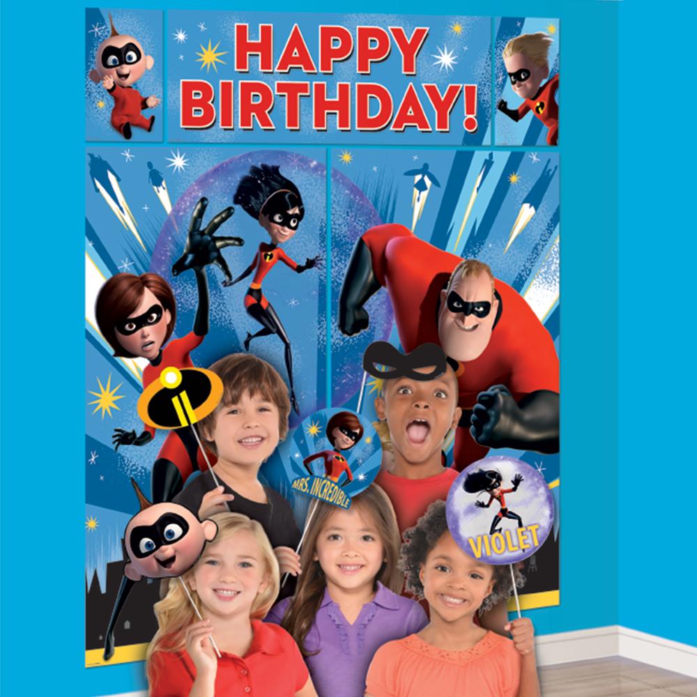 Colorful Incredibles 2 birthday scene setter with characters and "Happy Birthday!" text.
