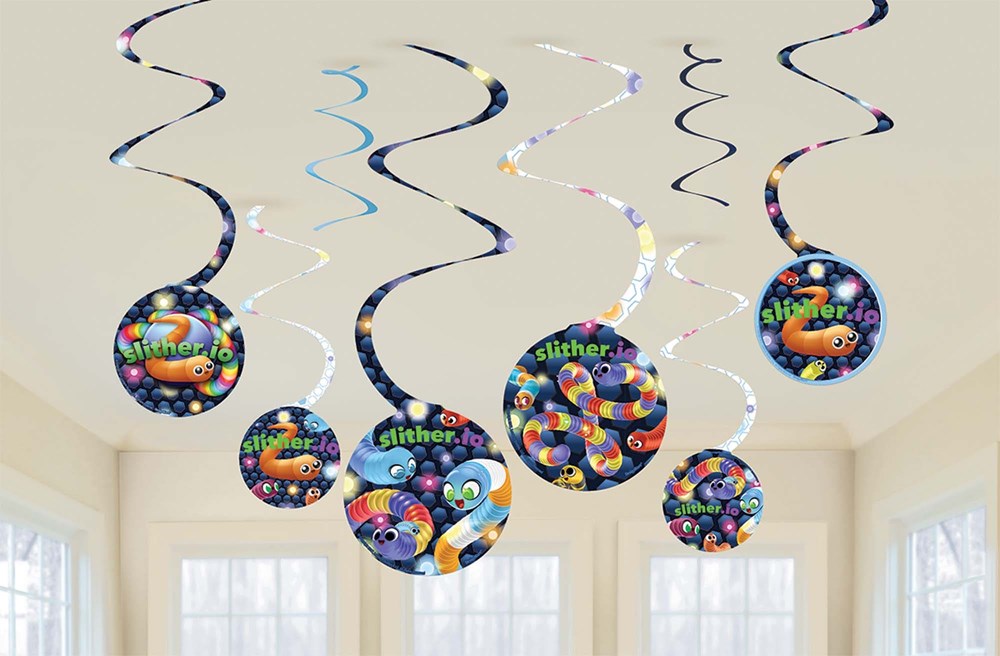 Colorful spiral hanging party decorations with round Slither.io themed cutouts featuring cartoon snakes and vibrant designs.