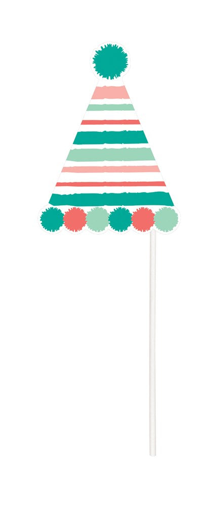 Striped party hat in teal, coral, and white with pom-poms on top and base on a stick.