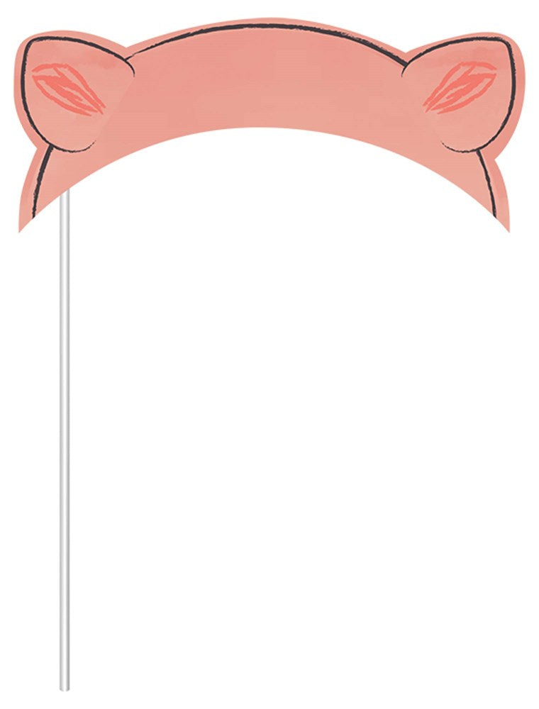 Pink pig ear headband on a white stick for party decoration or costume accessory.