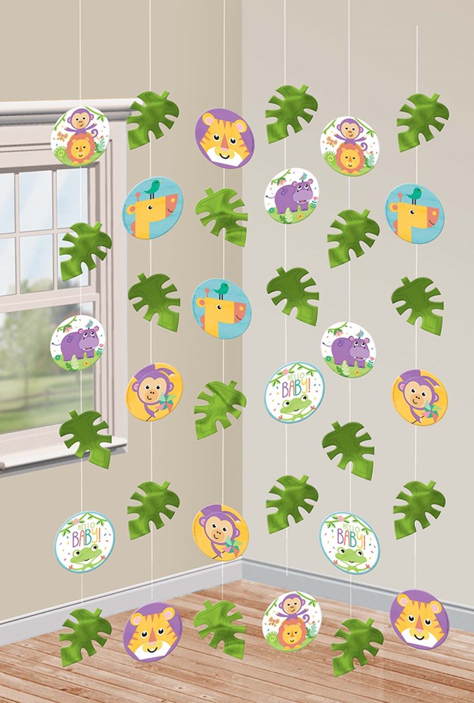 Set of six hanging strings with colorful cartoon animals and green tropical leaves for baby decor.