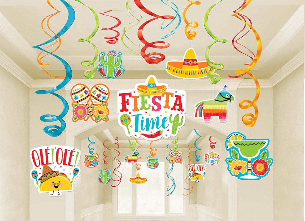Colorful foil swirl hanging decorations with Cinco de Mayo-themed cutouts including sombrero, cactus, maracas, piñata,.