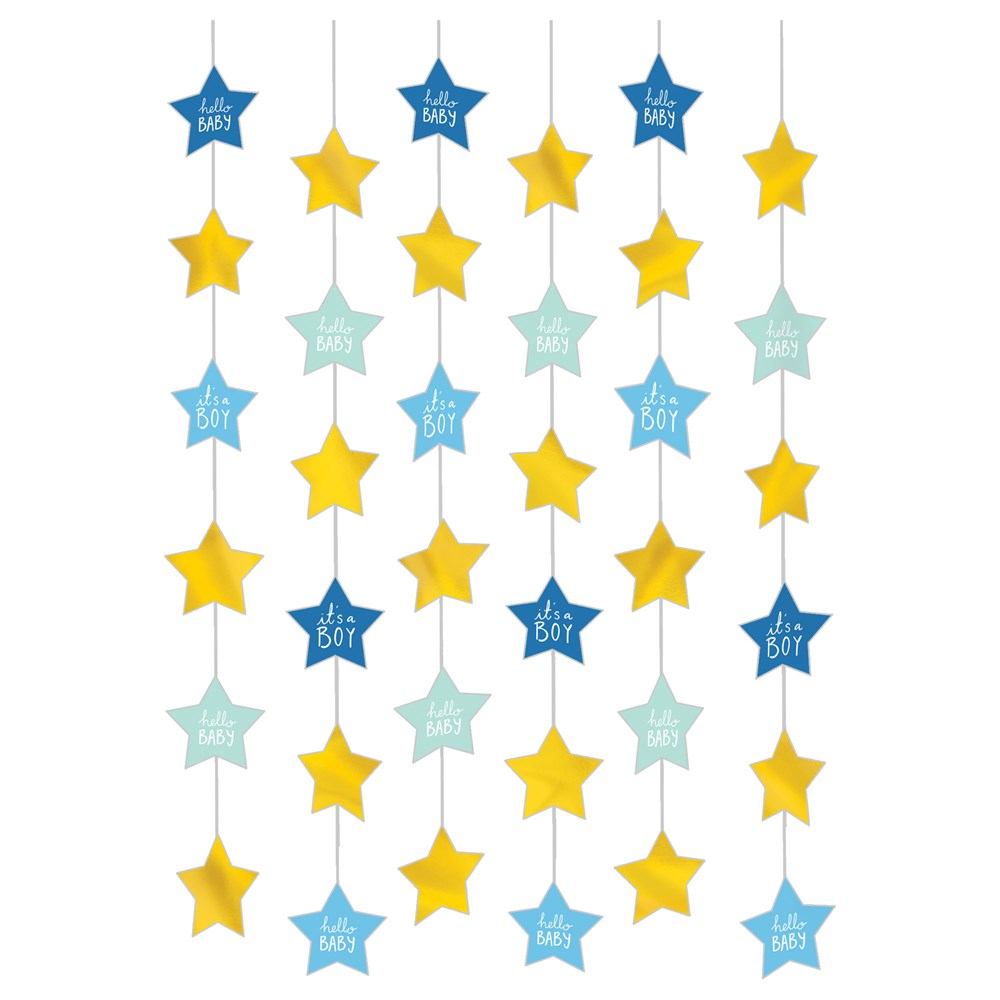 Hanging string decoration with alternating yellow stars and blue or light blue stars reading "Oh Baby Boy".