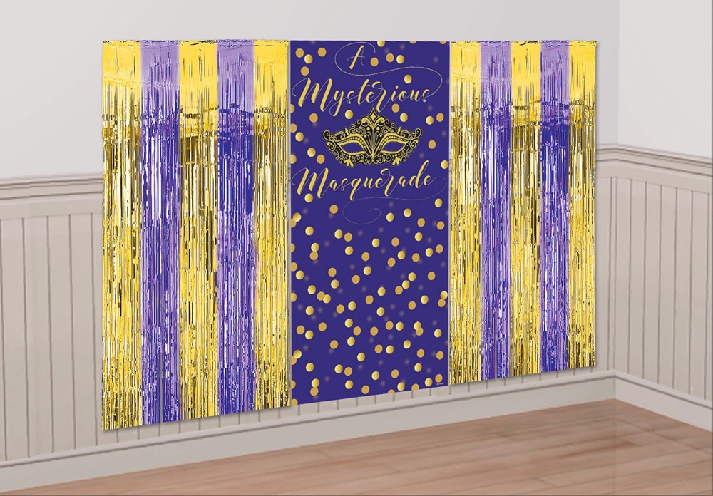 Purple, gold, and black foil fringe curtains with a central panel reading "Wickedly Wonderful" and featuring a masquerade.