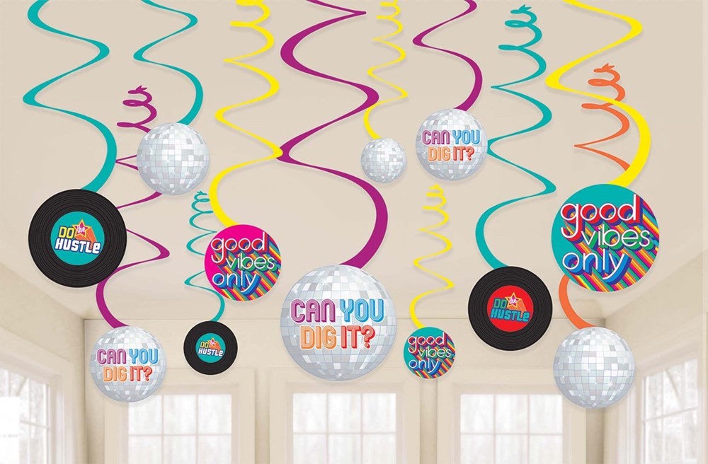 Colorful swirl hanging decorations with motivational and celebratory phrases, plastic and metallic finish, 12 pieces.