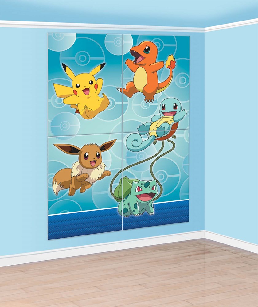 Colorful wall scene setter featuring Pikachu, Charmander, Squirtle, Eevee, and Bulbasaur on a blue background with Poké Ball