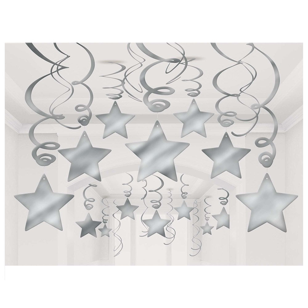 Silver star-shaped foil swirl hangers with shiny metallic finish, assorted sizes, 30 pieces.
