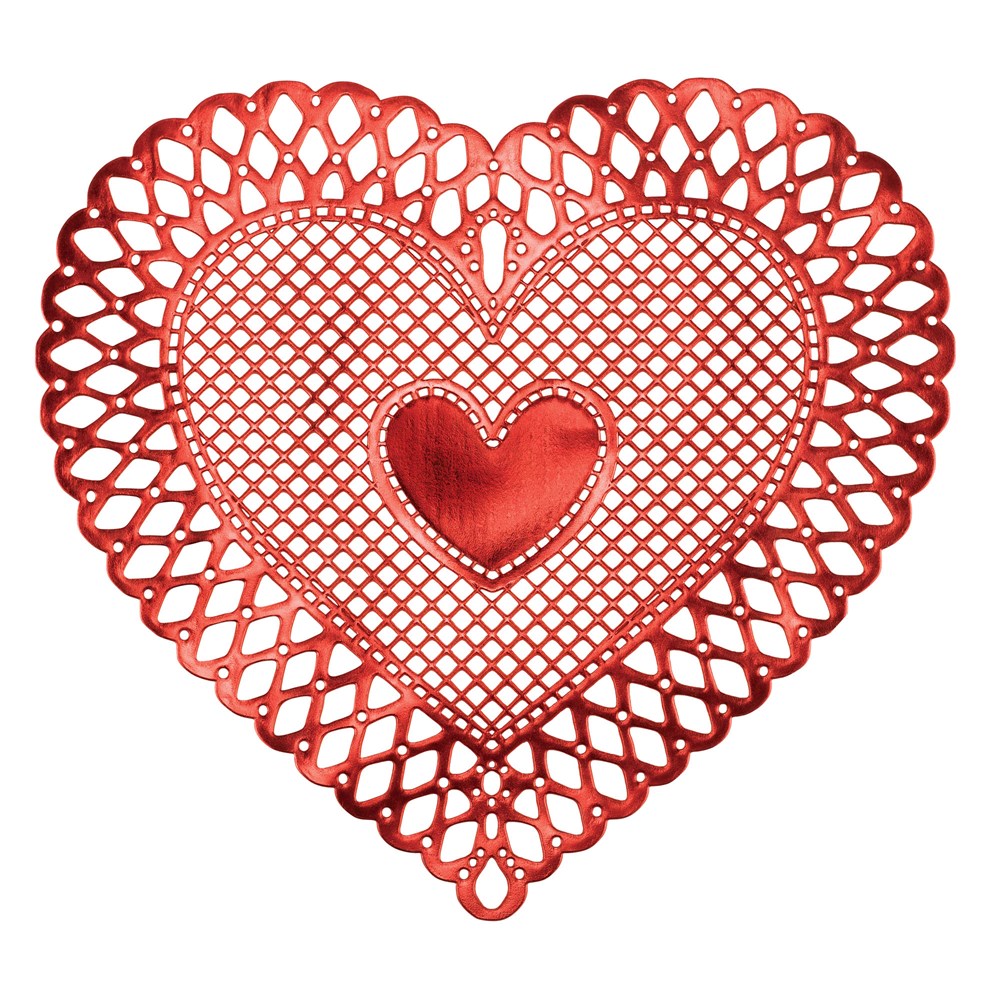 Red heart-shaped placemat with intricate lattice design and solid heart center, festive and decorative.