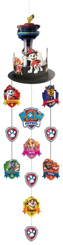 Paw Patrol-themed hanging string decoration with colorful character cutouts and badge shapes suspended from black circular.