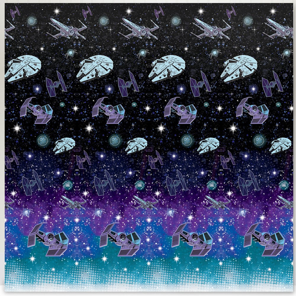 Two rectangular Star Wars photo backdrops with a black space background, purple and blue galaxy accents, and repeating.