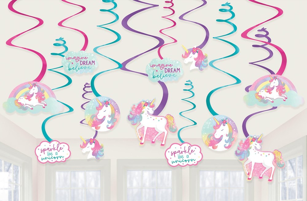 Colorful hanging spiral streamers with unicorns and rainbows, featuring pink, purple, and teal swirls, alternating 12 count.