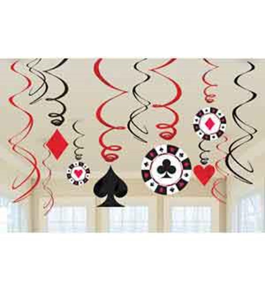 Red and black casino-themed hanging swirl decorations with card suits and poker chips.