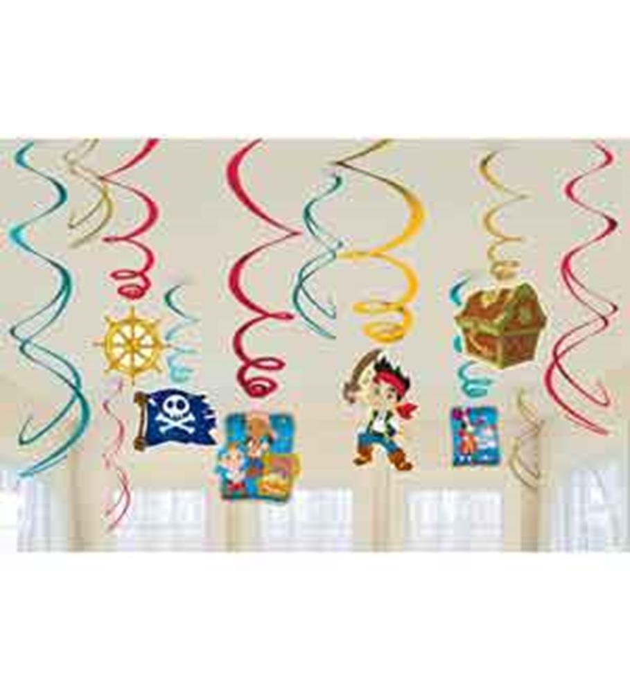 Colorful spiral hanging swirls with pirate ship, treasure chest, skull flag, and cartoon boy pirate decorations.