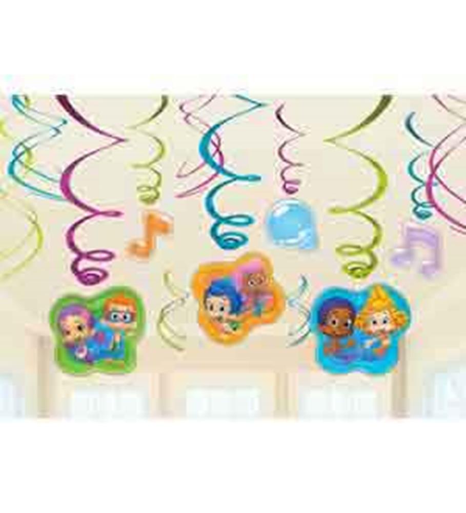 Colorful hanging swirl decorations with Bubble Guppies characters and musical notes.