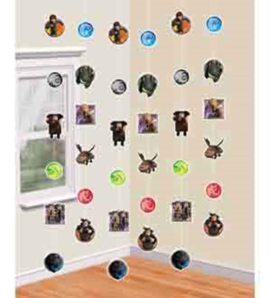 Colorful hanging strands featuring How To Train Your Dragon 2 characters and symbols on transparent string.