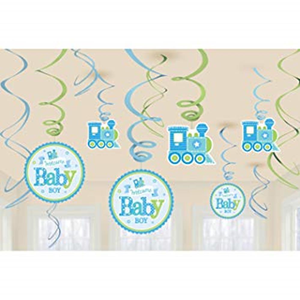 Blue and green swirl ceiling decorations with "Baby Boy" train-themed cutouts and circular signs.