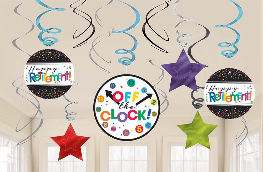 Colorful foil swirl hanging decorations with stars and retirement-themed circular cutouts in purple, red, green, black, and.
