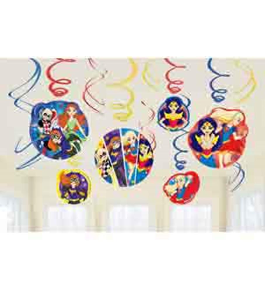 Colorful hanging swirl decorations featuring DC Super Hero Girls with red, blue, and yellow streamers.