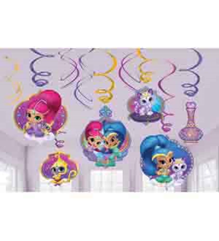 Colorful foil swirl decorations featuring Shimmer and Shine characters with purple, gold, and pink hanging spirals.