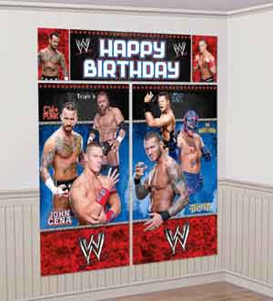 World Wrestling Entertainment birthday scene setter with colorful wrestler images and "Happy Birthday" text on black and red