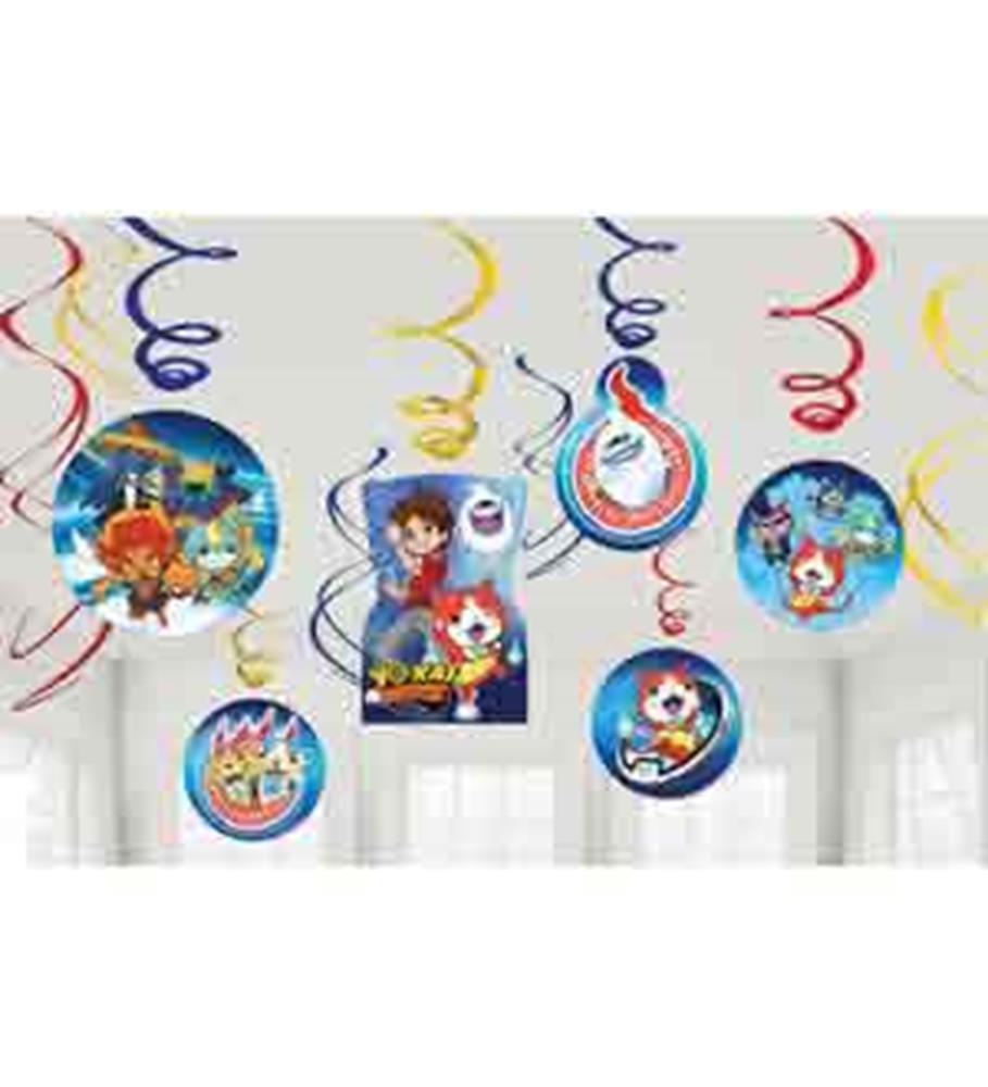 Colorful hanging swirl decorations featuring circular and square Yokai Watch character designs in blue, red, and yellow.
