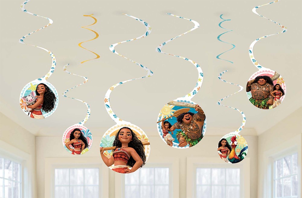 Set of eight spiral ceiling decorations with circular cutouts featuring colorful Disney Moana characters, hanging from white