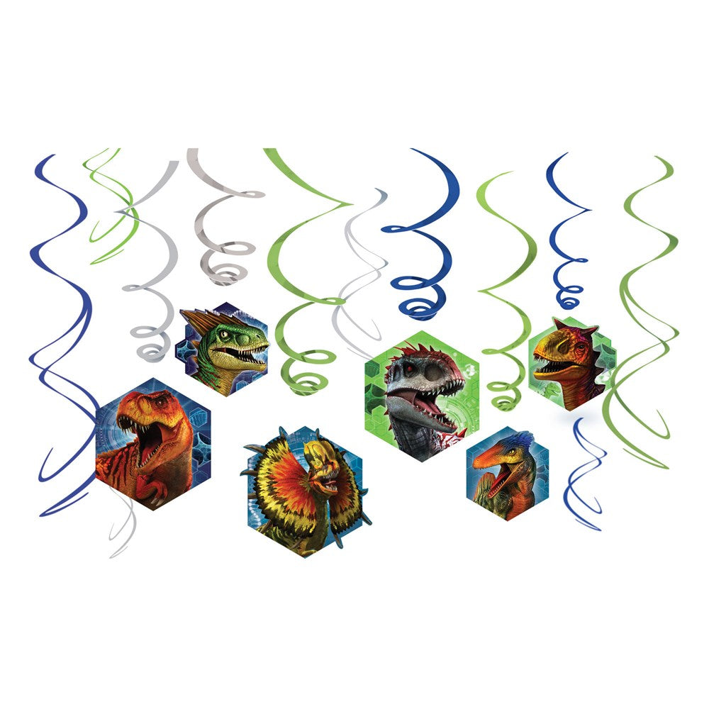 Blue, green, and silver spiral hanging decorations with Jurassic World dinosaur character cutouts.