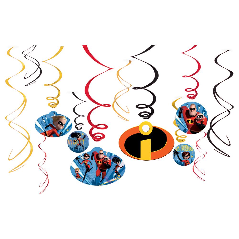 Red, yellow, and black spiral hanging swirls with Incredibles 2 character cutouts and logo decorations.