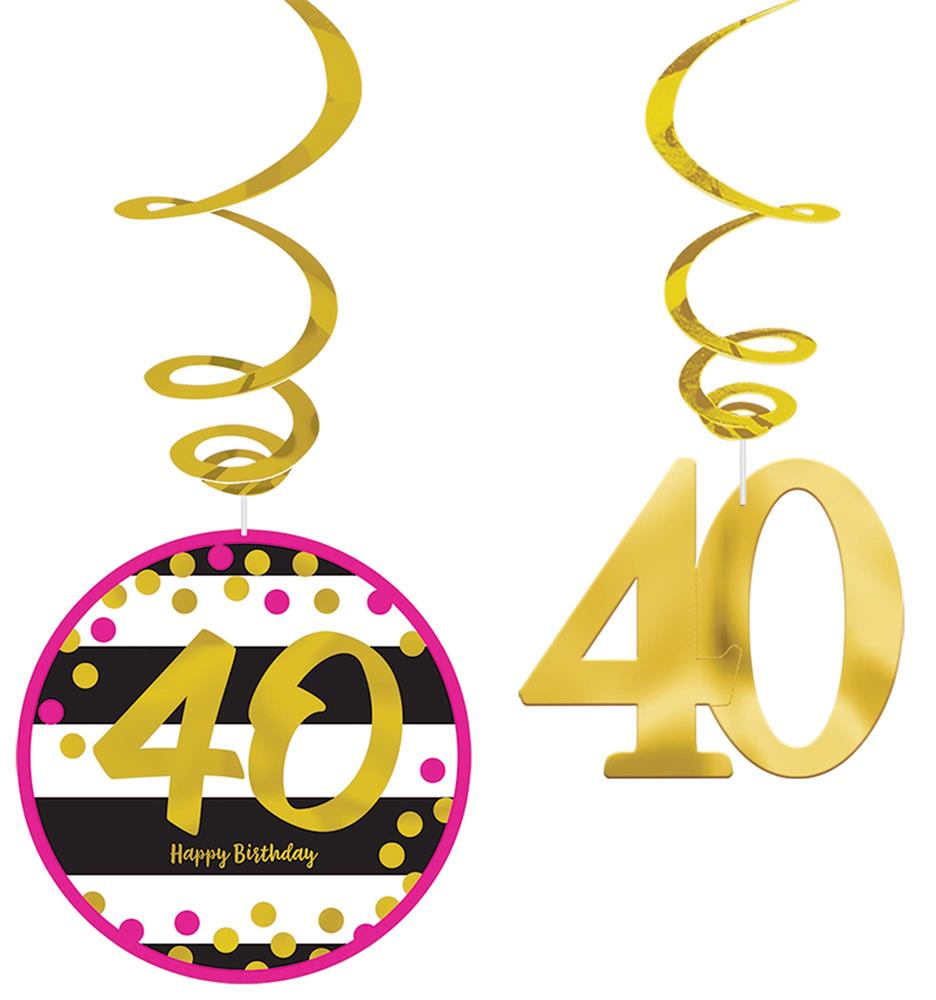 Gold foil "40" hanging decoration with pink, black, and gold polka dot striped circle and gold spiral ribbons.