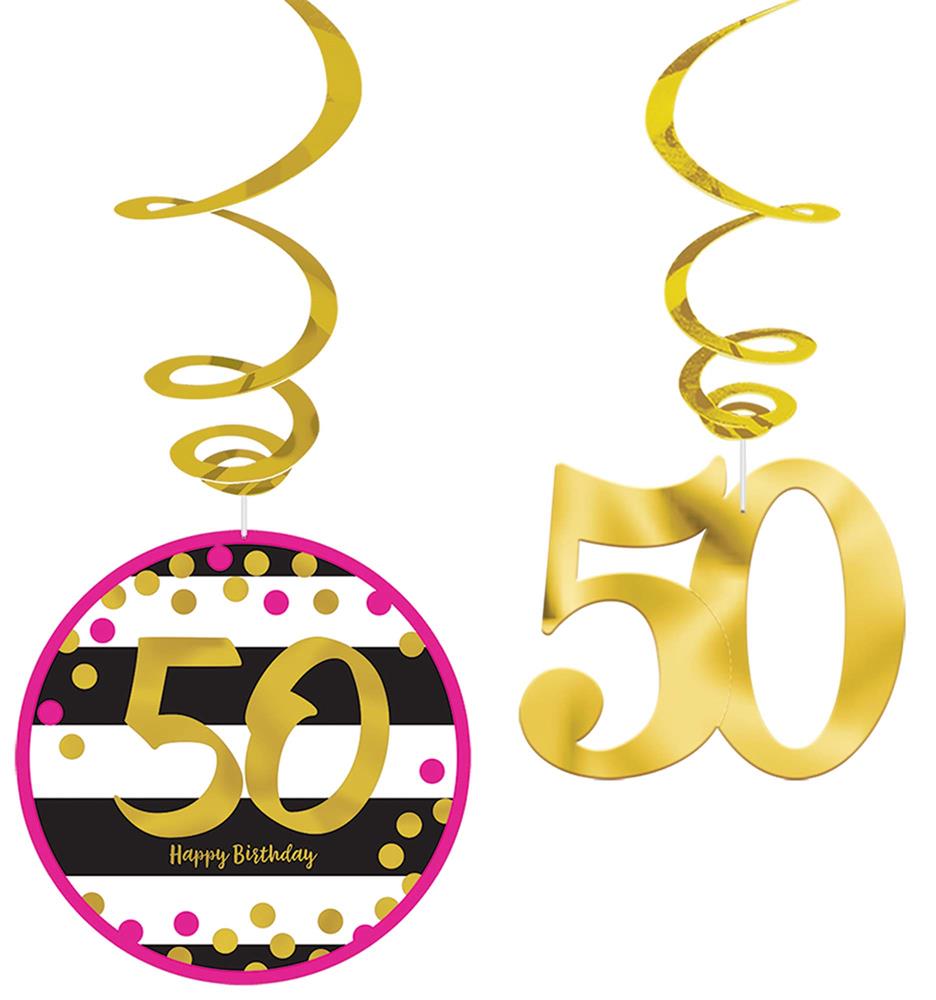 Gold foil hanging swirls with pink and black 50th birthday circle and large gold 50 hanging decorations.
