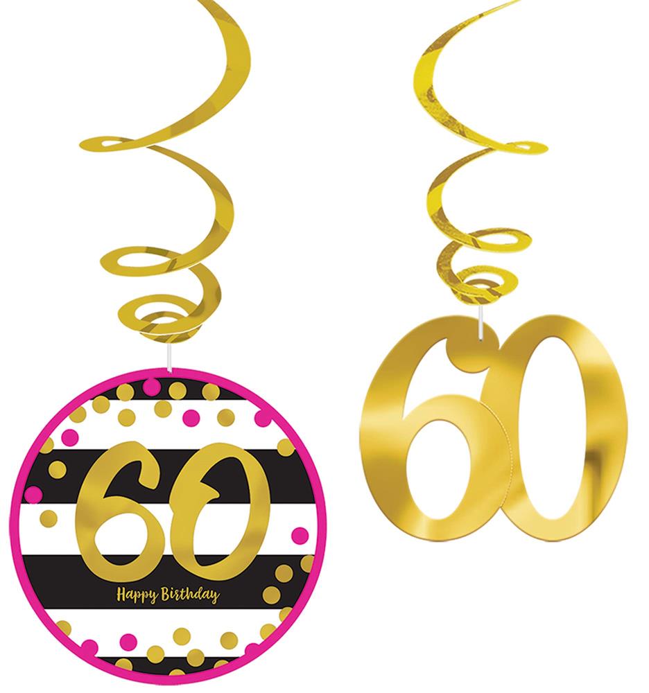 Gold swirl hanging decorations with pink, black, and white striped circular cutouts featuring a gold "60" and birthday.