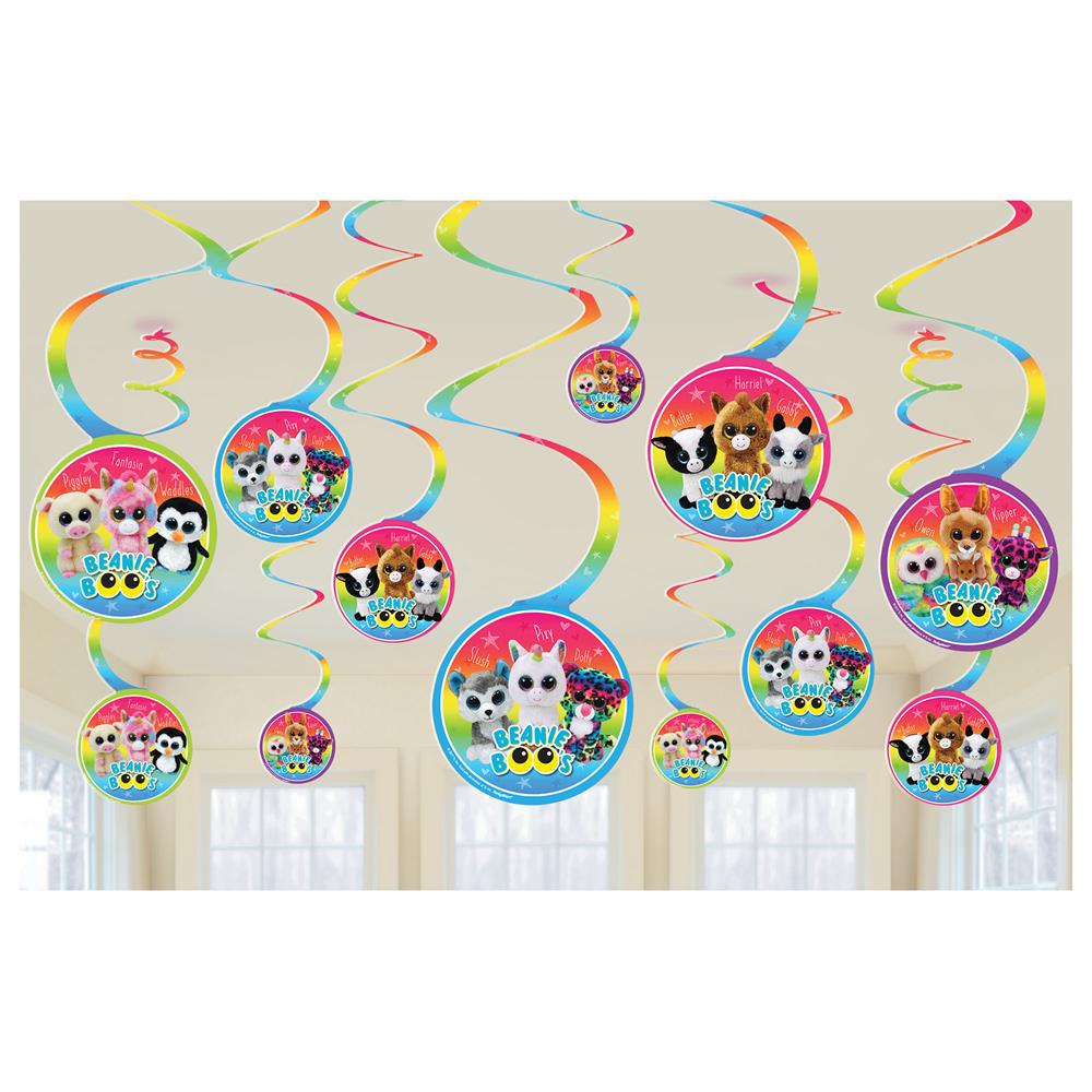 Colorful hanging swirl decorations featuring Beanie Boos characters with large eyes, perfect for kids' parties.