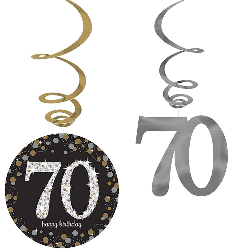 Gold and silver spiral decorations with “70” cutouts and black circular tags featuring glittery “70” and “happy birthday”.