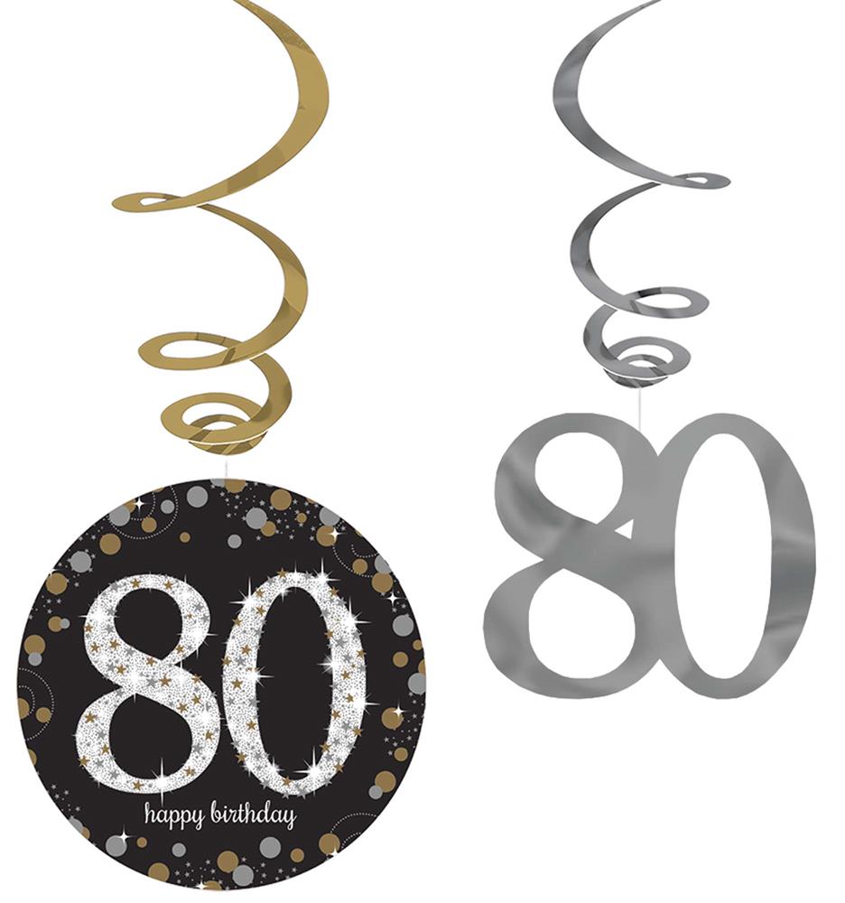 Gold spiral with black and gold 80 happy birthday hanging decoration and silver spiral with silver 80 hanging decoration.