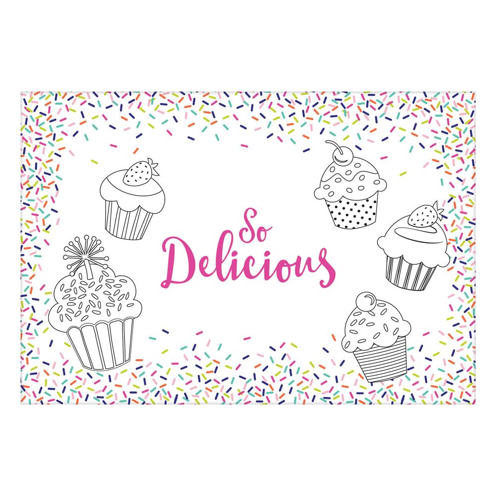 Rectangular white placemat with colorful confetti border, featuring five black-and-white cupcake sketches and "So Delicious"