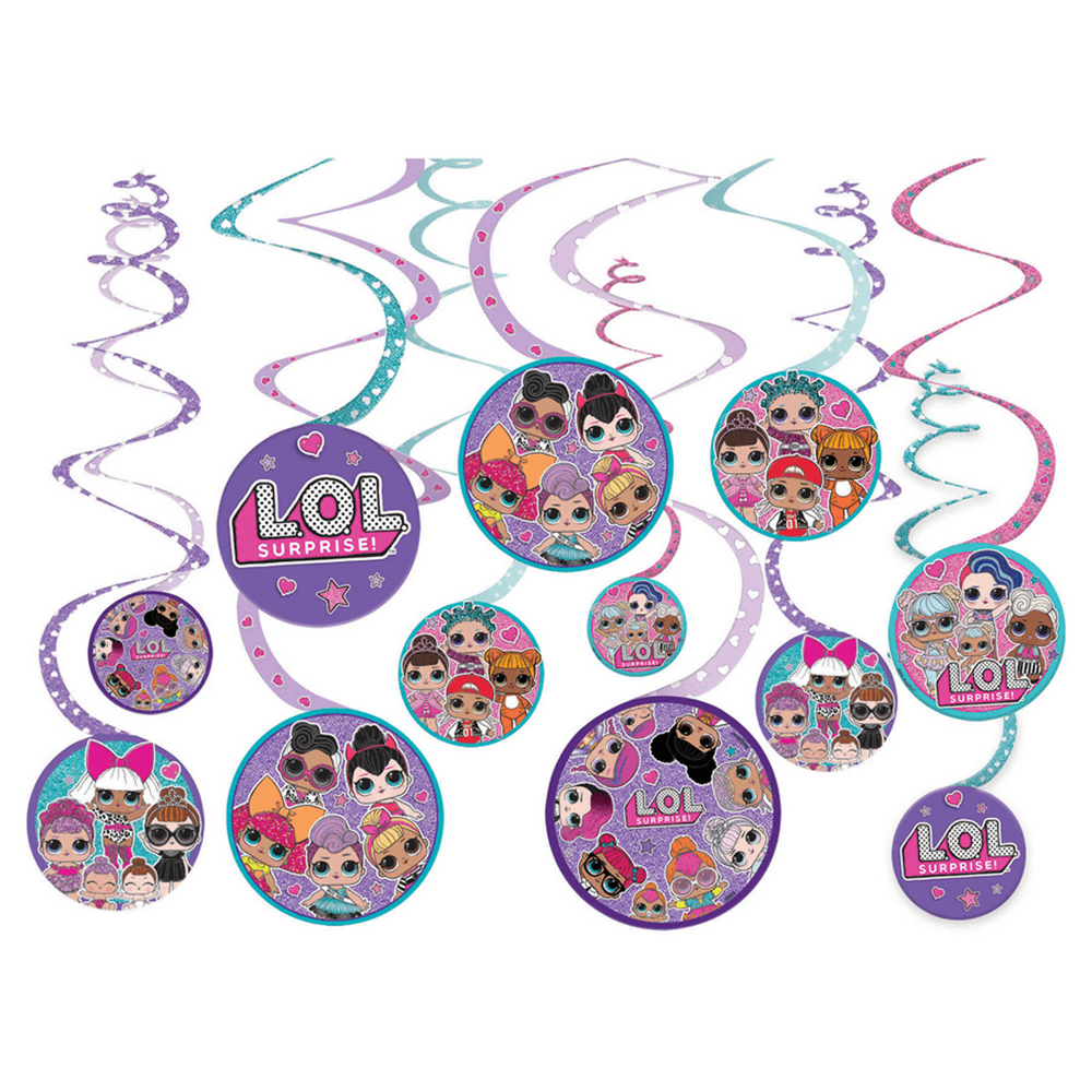 LOL Surprise swirl balloon set with purple, pink, and teal ribbons and character images.