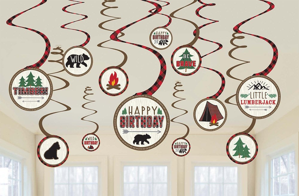 Red and white swirl hanging decorations with round lumberjack-themed cutouts featuring trees, campfires, bears, tents, and.