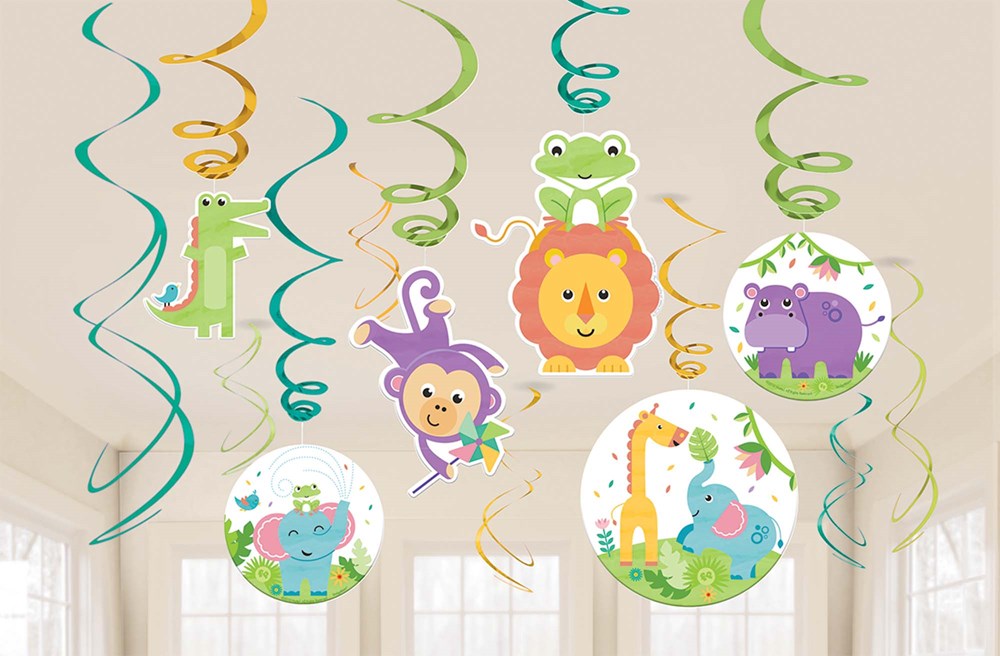 Set of 12 colorful swirl hanging decorations with animal faces including frog, lion, hippo, monkey, giraffe, and elephant on