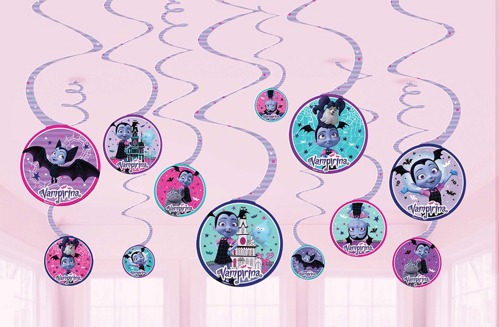 Set of 12 hanging spiral decorations with circular cutouts featuring colorful Vampirina character designs in pink, purple,.